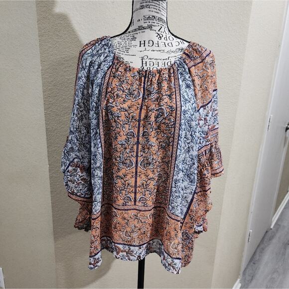 COMO Black boho‎ bell sleeve keyhole blouse size XL - Picture 1 of 7